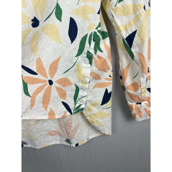 Liz Claiborne Linen Blend Tunic TopSplit Neck Colorful Floral Roll Tab Sleeves L - Picture 7 of 10
